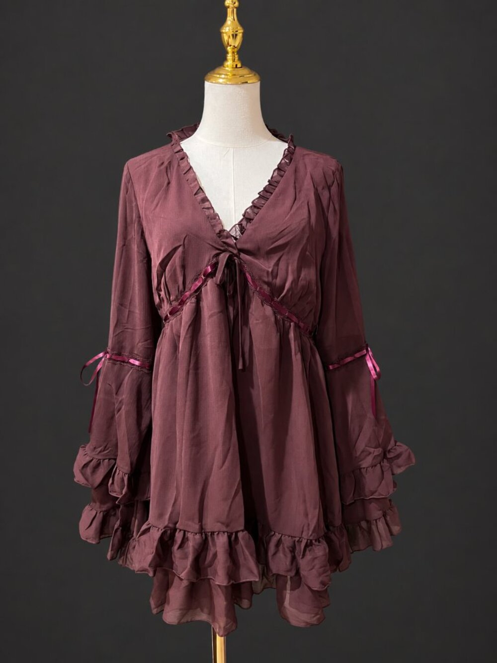 Cider Coffee Brown Lace Ruffle Bell Sleeve Mini Dress Large NWT